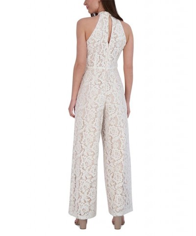 Women's Lace Twist-Neck Wide-Leg Jumpsuit Ivory/nude $70.03 Pants