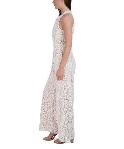 Women's Lace Twist-Neck Wide-Leg Jumpsuit Ivory/nude $70.03 Pants