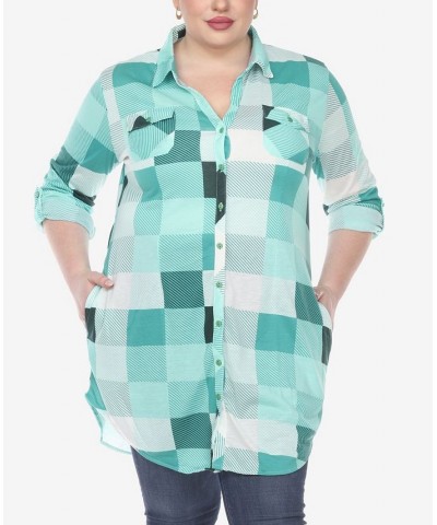 Plus Size Plaid Tunic Shirt Green and White $27.90 Tops