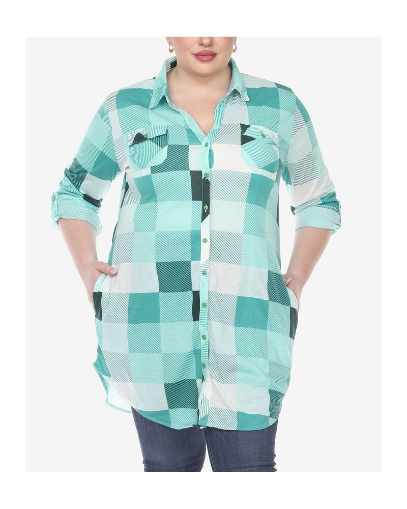 Plus Size Plaid Tunic Shirt Green and White $27.90 Tops