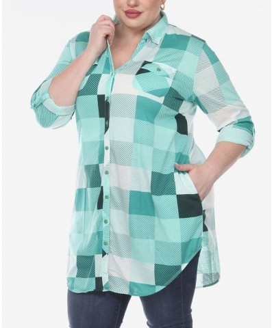 Plus Size Plaid Tunic Shirt Green and White $27.90 Tops