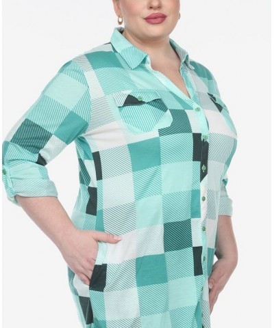 Plus Size Plaid Tunic Shirt Green and White $27.90 Tops