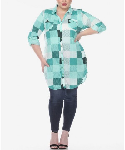 Plus Size Plaid Tunic Shirt Green and White $27.90 Tops