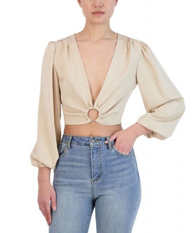 Women's V-Neck Long-Sleeve O-Ring Top Tan/Beige $26.13 Tops