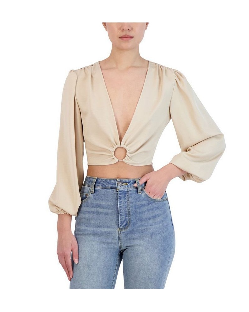 Women's V-Neck Long-Sleeve O-Ring Top Tan/Beige $26.13 Tops