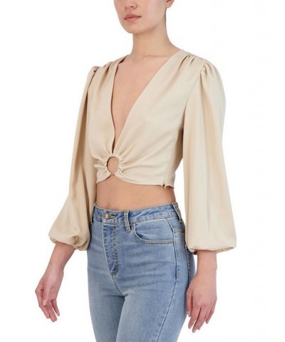 Women's V-Neck Long-Sleeve O-Ring Top Tan/Beige $26.13 Tops