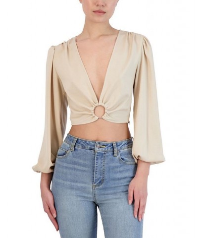 Women's V-Neck Long-Sleeve O-Ring Top Tan/Beige $26.13 Tops