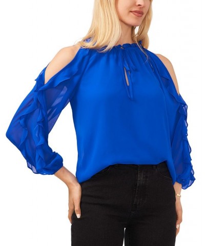 Women's Tie-Neck Cold-Shoulder Ruffled-Sleeve Top Electric Glow Blue $30.36 Tops