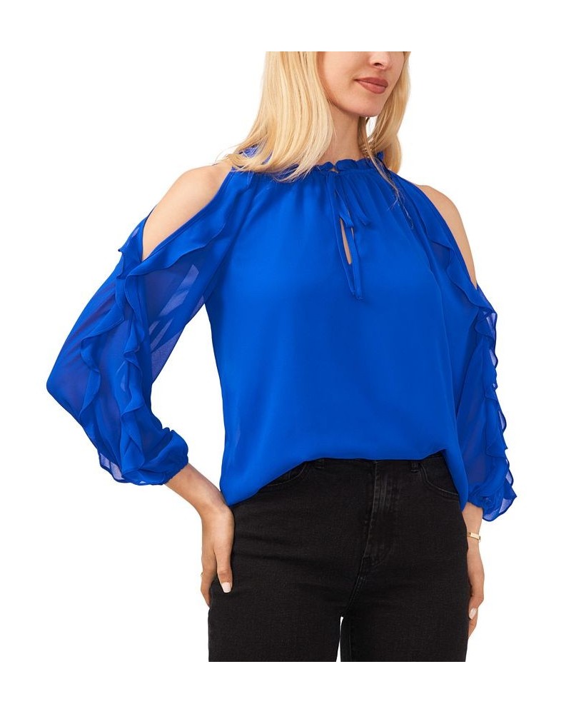 Women's Tie-Neck Cold-Shoulder Ruffled-Sleeve Top Electric Glow Blue $30.36 Tops