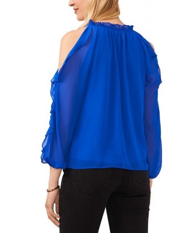 Women's Tie-Neck Cold-Shoulder Ruffled-Sleeve Top Electric Glow Blue $30.36 Tops