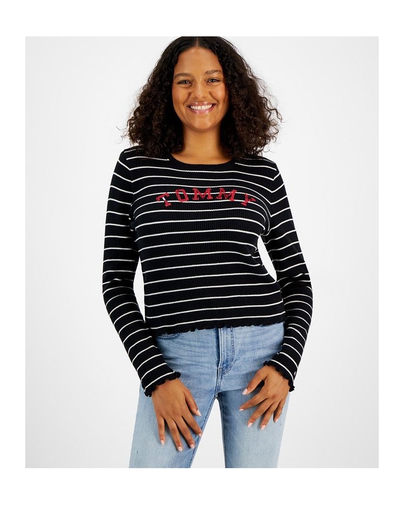 Women's Long Sleeve Striped Logo T-Shirt Black $16.60 Tops