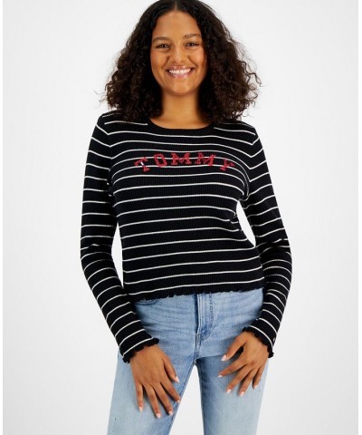 Women's Long Sleeve Striped Logo T-Shirt Black $16.60 Tops