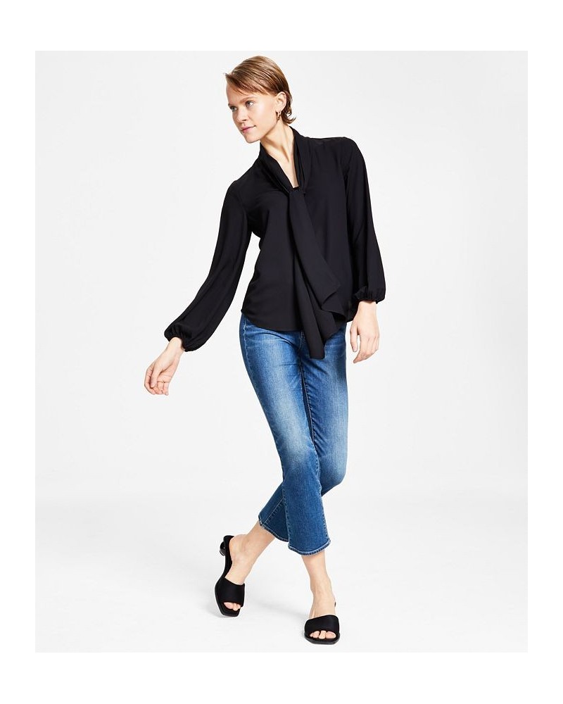 Women's Tie Neck Cinched Sleeve Blouse Black $26.21 Tops