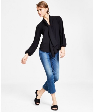 Women's Tie Neck Cinched Sleeve Blouse Black $26.21 Tops