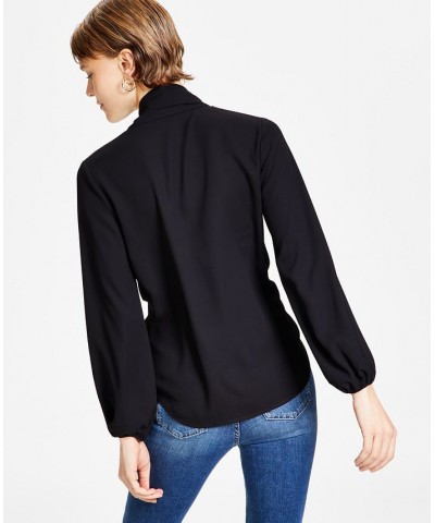 Women's Tie Neck Cinched Sleeve Blouse Black $26.21 Tops