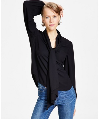 Women's Tie Neck Cinched Sleeve Blouse Black $26.21 Tops