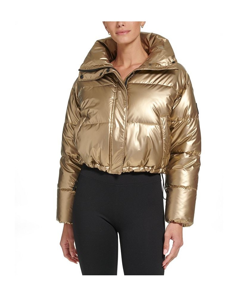 Sports Women's Active Metallic Cropped Puffer Jacket Gold $47.38 Jackets