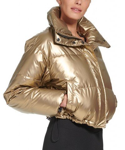 Sports Women's Active Metallic Cropped Puffer Jacket Gold $47.38 Jackets