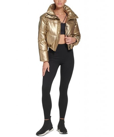 Sports Women's Active Metallic Cropped Puffer Jacket Gold $47.38 Jackets