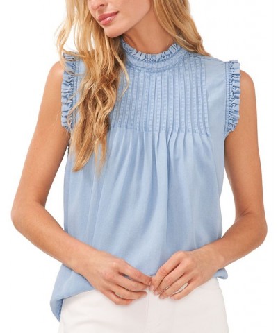 Women's Ruffled-Neck Sleeveless Pintucked Top Light Blue Wash $44.50 Tops