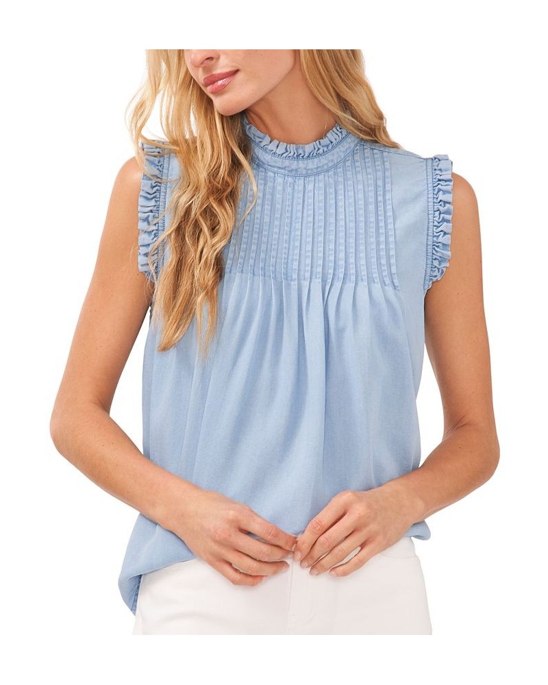 Women's Ruffled-Neck Sleeveless Pintucked Top Light Blue Wash $44.50 Tops