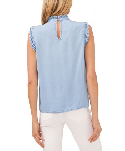 Women's Ruffled-Neck Sleeveless Pintucked Top Light Blue Wash $44.50 Tops