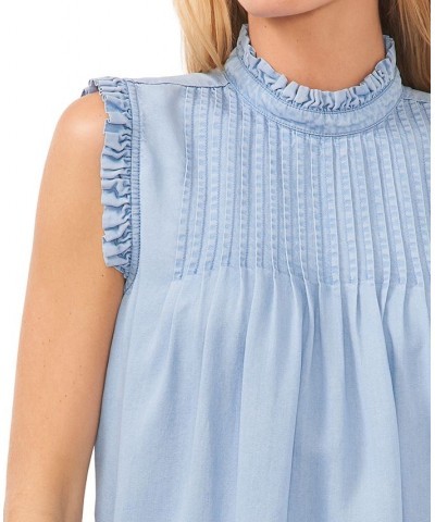 Women's Ruffled-Neck Sleeveless Pintucked Top Light Blue Wash $44.50 Tops