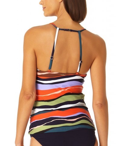 Women's Printed High-Neck Shirred Tankini Top Sandy Wave Multi Stripe $36.96 Swimsuits