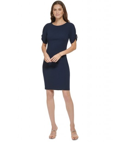 Women's Ruched-Sleeve Scuba Crepe Sheath Dress Spring Navy $68.11 Dresses