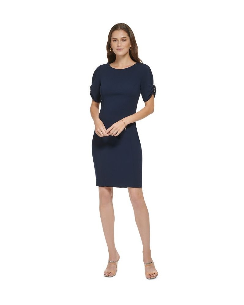 Women's Ruched-Sleeve Scuba Crepe Sheath Dress Spring Navy $68.11 Dresses