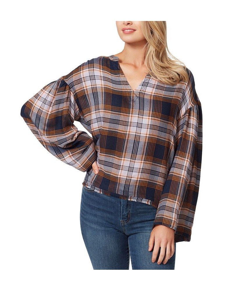 Women's Jenna Plaid Notch-Neck Top Black Iris $17.53 Tops