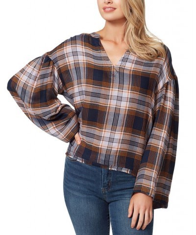 Women's Jenna Plaid Notch-Neck Top Black Iris $17.53 Tops