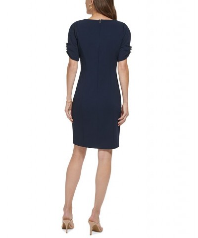 Women's Ruched-Sleeve Scuba Crepe Sheath Dress Spring Navy $68.11 Dresses