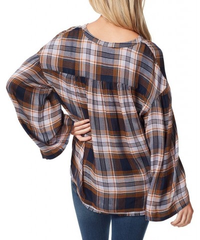 Women's Jenna Plaid Notch-Neck Top Black Iris $17.53 Tops