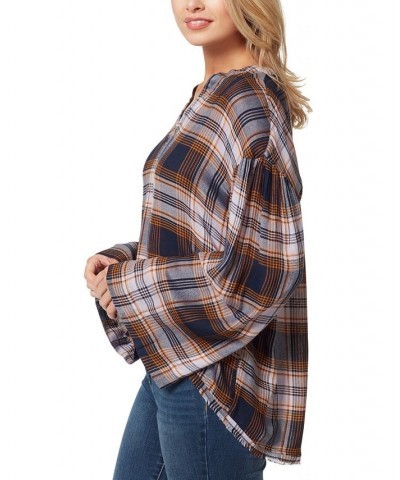 Women's Jenna Plaid Notch-Neck Top Black Iris $17.53 Tops