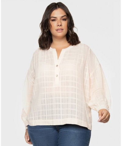 Trendy Plus Size Cotton Printed Henley Top Cream Pink $17.03 Tops