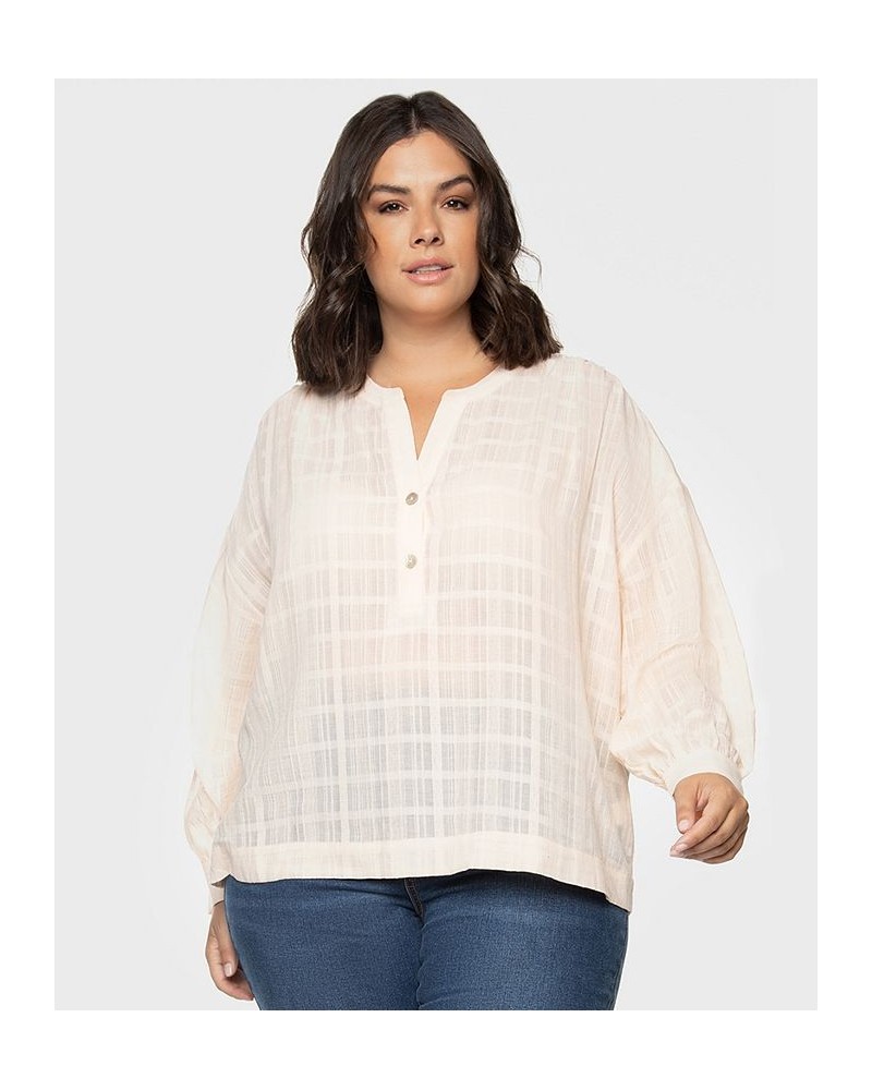 Trendy Plus Size Cotton Printed Henley Top Cream Pink $17.03 Tops