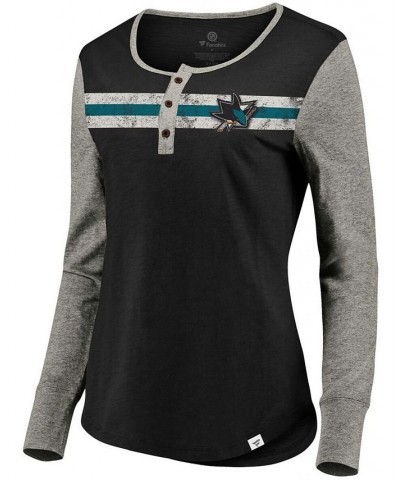 Branded Women's San Jose Sharks True Classics Retro Henley Long Sleeve T-Shirt Black $23.52 Tops