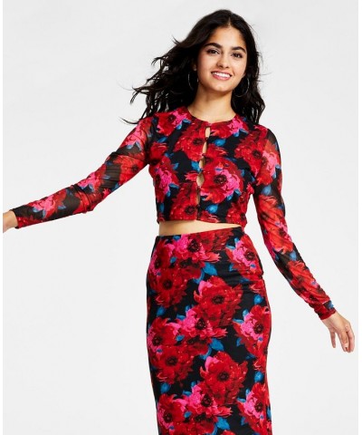 Women's Floral-Print Cutout Mesh-Sleeve Crop Top Romantic Petals $11.67 Tops