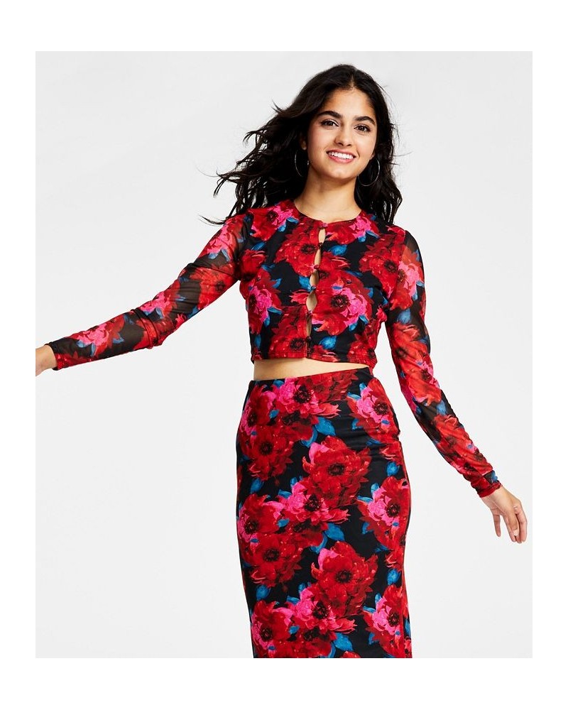 Women's Floral-Print Cutout Mesh-Sleeve Crop Top Romantic Petals $11.67 Tops