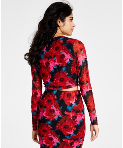 Women's Floral-Print Cutout Mesh-Sleeve Crop Top Romantic Petals $11.67 Tops