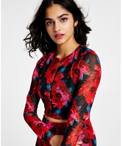 Women's Floral-Print Cutout Mesh-Sleeve Crop Top Romantic Petals $11.67 Tops