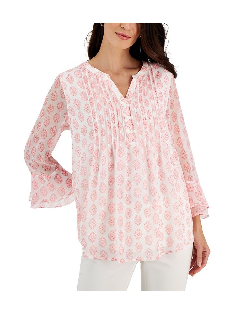 Petite Printed Ruffled 3/4-Sleeve Pintuck Top Pink $15.39 Tops