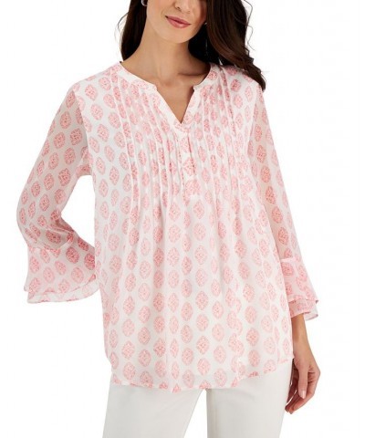 Petite Printed Ruffled 3/4-Sleeve Pintuck Top Pink $15.39 Tops