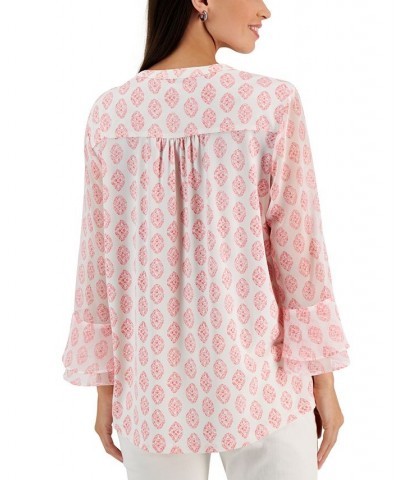 Petite Printed Ruffled 3/4-Sleeve Pintuck Top Pink $15.39 Tops