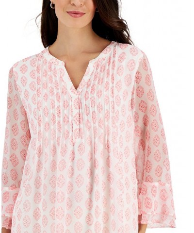 Petite Printed Ruffled 3/4-Sleeve Pintuck Top Pink $15.39 Tops