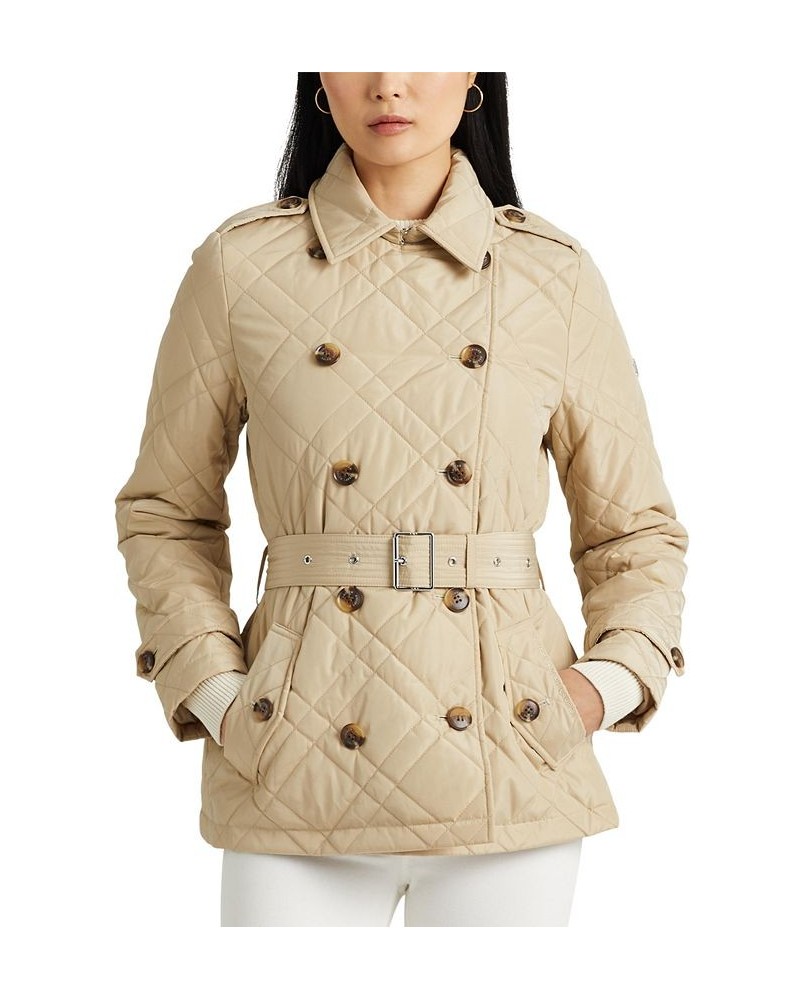 Women's Belted Double-Breasted Quilted Coat Tan/Beige $48.10 Coats