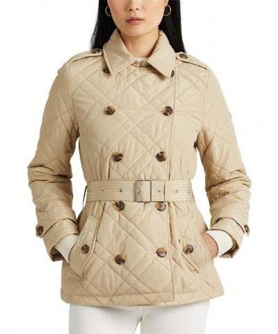 Women's Belted Double-Breasted Quilted Coat Tan/Beige $48.10 Coats