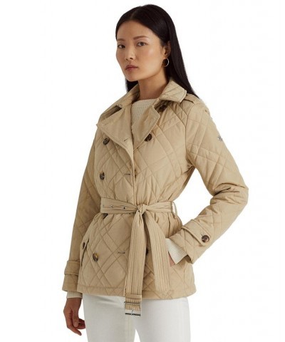 Women's Belted Double-Breasted Quilted Coat Tan/Beige $48.10 Coats