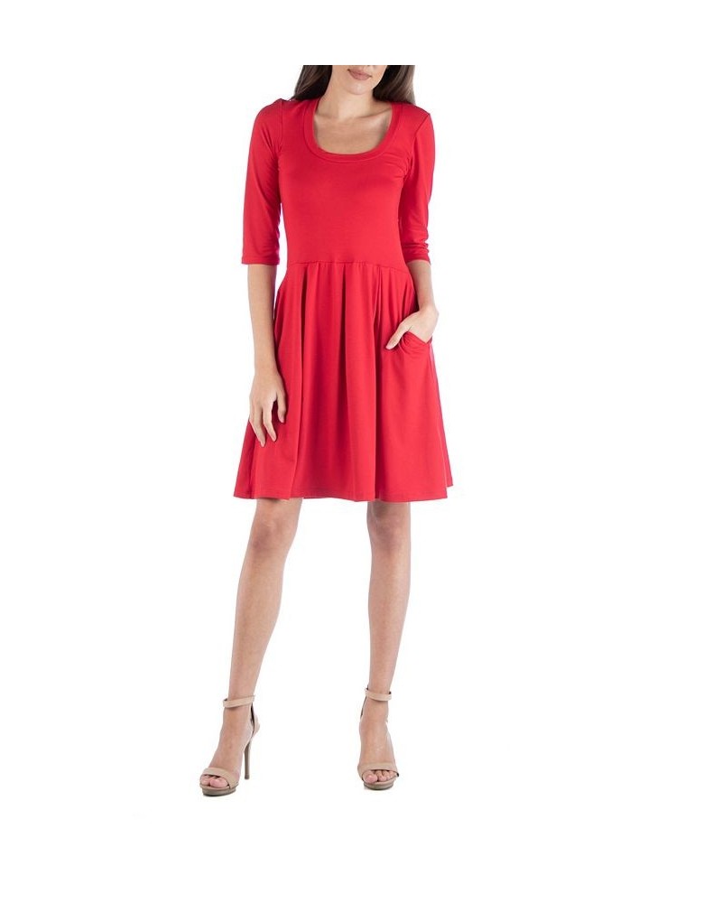 Women's 3/4 Sleeve Fit and Flare Mini Dress Red $17.85 Dresses